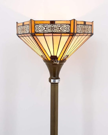 WERFACTORY Tiffany Floor Lamp Yellow Hexagon Stained Glass Mission Light 12X12X66 Inches Torchiere Standing Corner Torch Uplight Decor Bedroom Living Room Home Office S011 Series - LeafyLoom