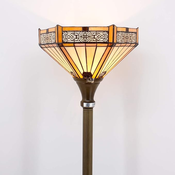 WERFACTORY Tiffany Floor Lamp Yellow Hexagon Stained Glass Mission Light 12X12X66 Inches Torchiere Standing Corner Torch Uplight Decor Bedroom Living Room Home Office S011 Series - LeafyLoom