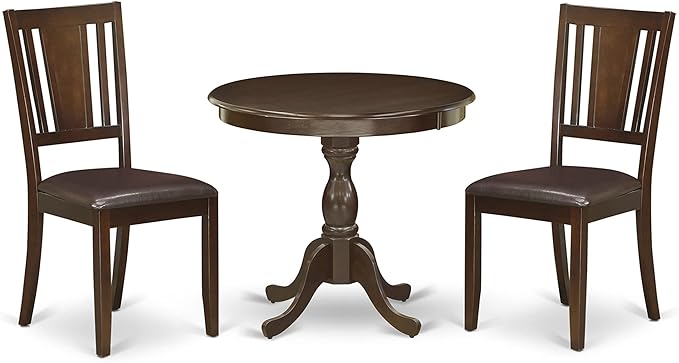 East West Furniture Antique 3 Piece Modern Set Contains a Round Kitchen Table with Pedestal and 2 Faux Leather Dining Room Chairs, 36x36 Inch, Mahogany - LeafyLoom