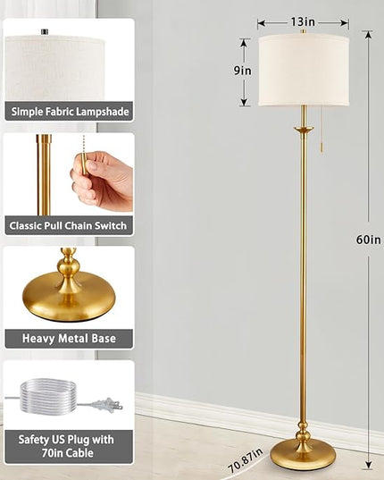 Luvkczc Modern Floor Lamp, 60" Standing Lamp for Living Room with Pull Chain Switch, Corner Tall Soft Lighting for Bedroom, Office, Dining Room, Farmhouse (Bulb Included),Gold - LeafyLoom