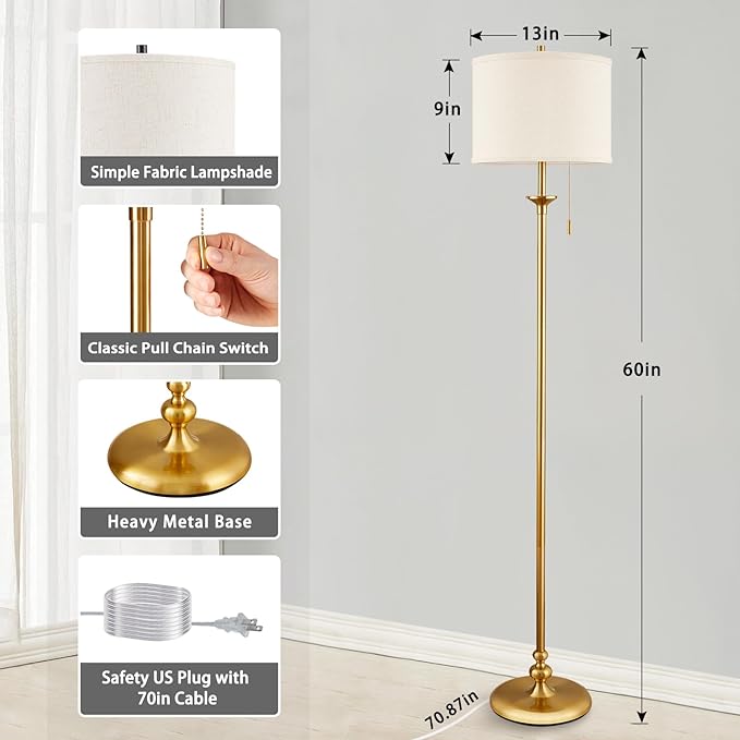 Luvkczc Modern Floor Lamp, 60" Standing Lamp for Living Room with Pull Chain Switch, Corner Tall Soft Lighting for Bedroom, Office, Dining Room, Farmhouse (Bulb Included),Gold - LeafyLoom