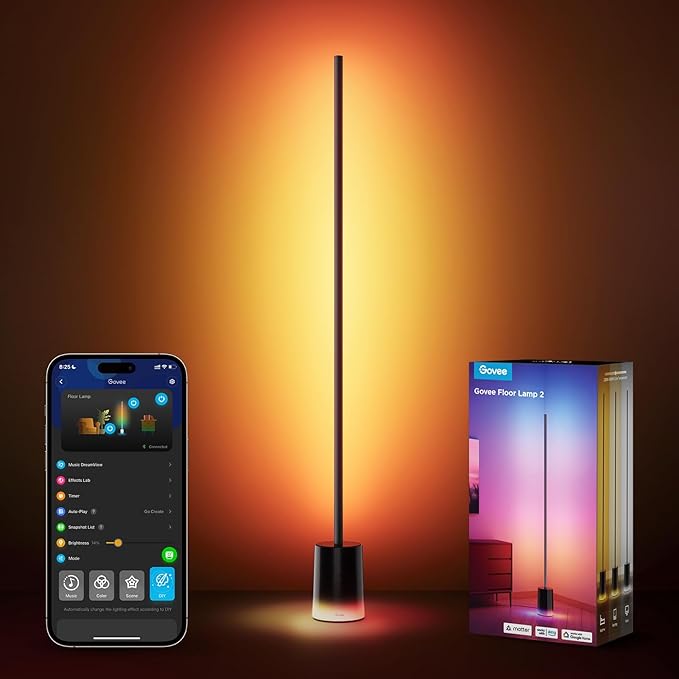 Govee Floor Lamp 2 with Matter, RGBIC Warm Cool White LED Floor Lamp Works with Alexa, 1725lm Corner Floor Lamp with Music Sync, Scene Modes, Smart Floor Lamp for Bedroom, Living Room, Studio, Black - LeafyLoom