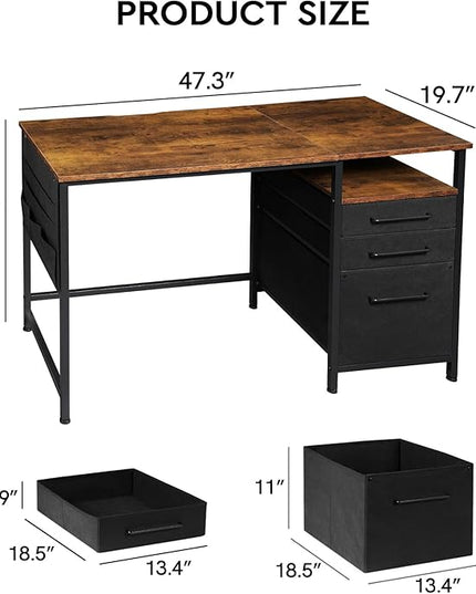 Computer Desk with Drawers, 47 Inch Desk with 2 Drawers and Shelves, Office Desk with Storage, Desk with Storage Bag, Home Office desks with Drawers, Metal Frame for PC Laptop, Rustic Brown - LeafyLoom