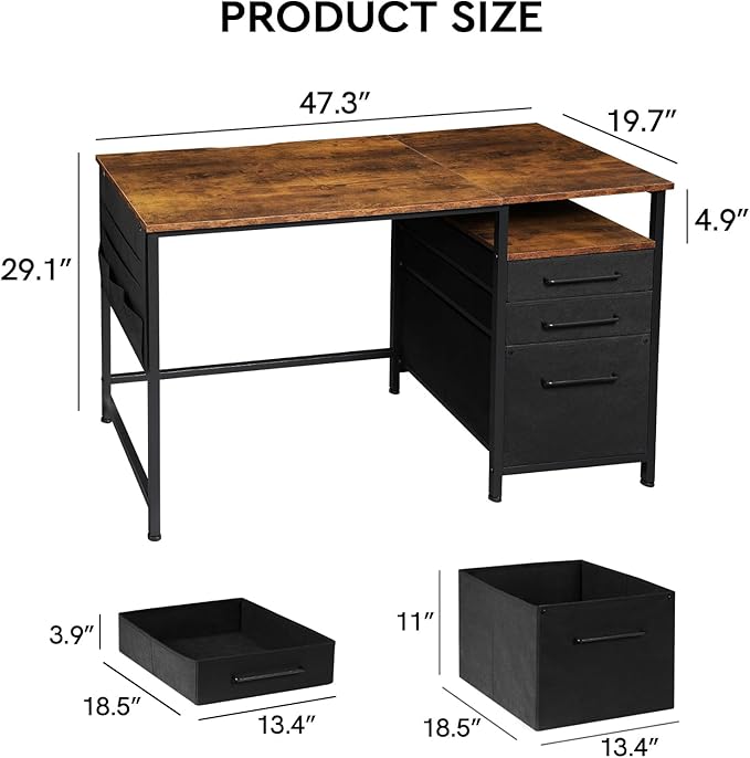 Computer Desk with Drawers, 47 Inch Desk with 2 Drawers and Shelves, Office Desk with Storage, Desk with Storage Bag, Home Office desks with Drawers, Metal Frame for PC Laptop, Rustic Brown - LeafyLoom