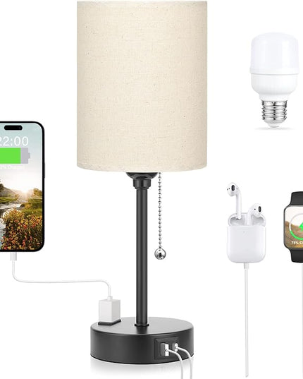 Beige Small Lamps 3 Levels Brightness - 2700K 3500K 5000K Bedside Lamps with USB C and A Ports, Pull Chain Table Lamps with AC Outlet, Nightstand Lamps with Black Metal Base for Bedroom Kids Reading - LeafyLoom