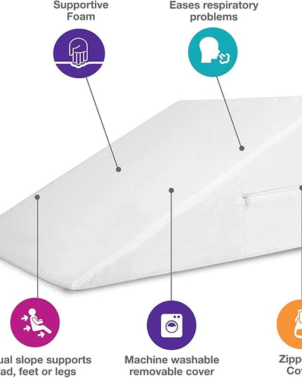 DMI Bed Wedge Pillow and Triangle Wedge with Elevated Incline for Neck Pain, Headaches, Shoulders, Back Pain, Foot Support, Knee Pain or Restless Leg Syndrome, 24x24x12 inches, White (Pack of 1) - LeafyLoom