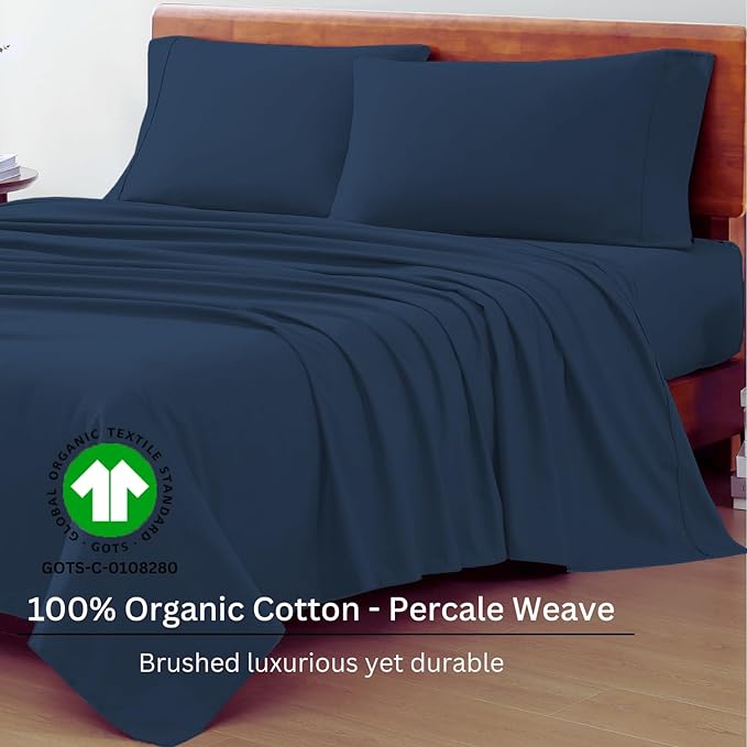 LANE LINEN 100% Organic Cotton Twin Bed Sheet Set, 3 Pc Twin Size Sheet Set, Soft & Breathable Twin Sheet Set Boys, Hotel Style Bedding Sheets & Pillowcases, 15" Deep Twin Fitted Sheet - Estate Blue - LeafyLoom