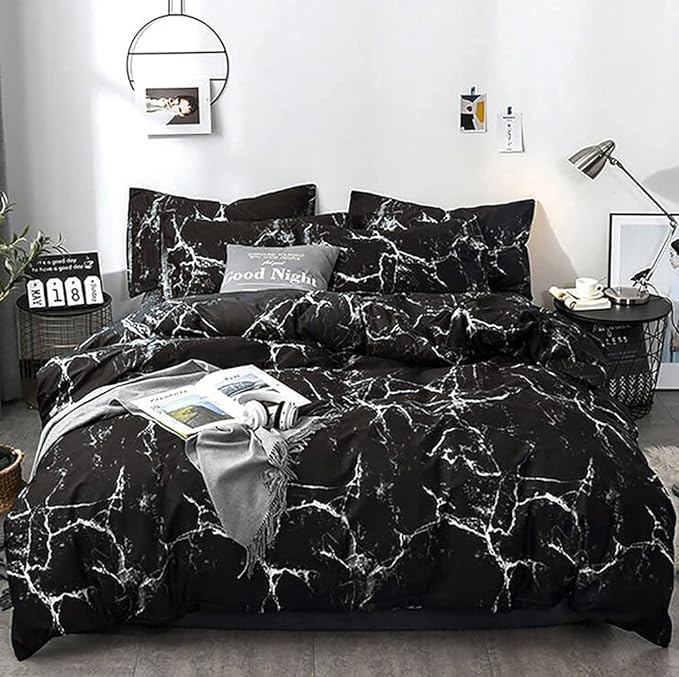 Black Marble Comforter Set Full/Queen White Texture Bedding Reversible Teen Boy Men Full Size Soft Lightweight Quilt Set, 3 PCs( 1 Comforter, 2 Pillowcases) - LeafyLoom