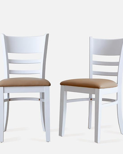 Livinia Cabin Dining Chair Set of 2, Solid Malaysian Oak PU Leather Upholstered Cushion Seat Wooden Ladder Back Side Chairs (White) Assembly Required - LeafyLoom