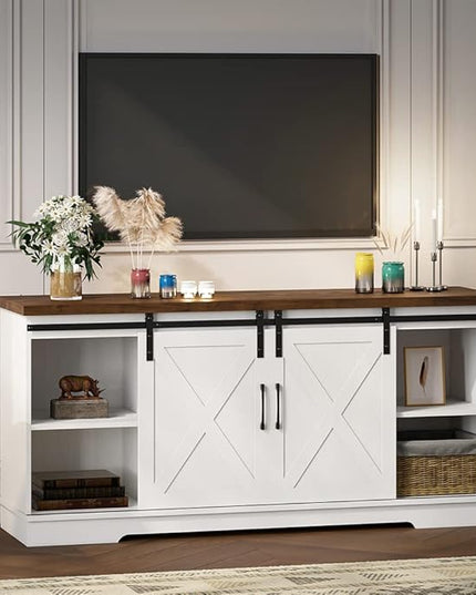 IDEALHOUSE Farmhouse TV Stand for 65 Inch TV Entertainment Center TV Media Console Table, Barn Door TV Stand with Storage and Shelves, Tall Modern TV Console Table Furniture for Living Room (White) - LeafyLoom