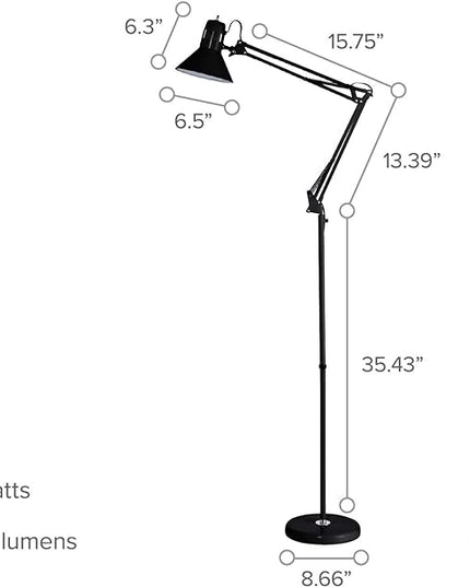 Bostitch Office VLF100F Swing Arm Metal Floor Lamp, 72" Tall with Multi-Joint Adjustment, Includes Replaceable LED Bulb (VLF), Black - LeafyLoom