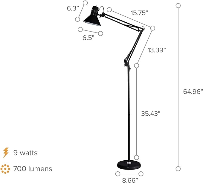 Bostitch Office VLF100F Swing Arm Metal Floor Lamp, 72" Tall with Multi-Joint Adjustment, Includes Replaceable LED Bulb (VLF), Black - LeafyLoom
