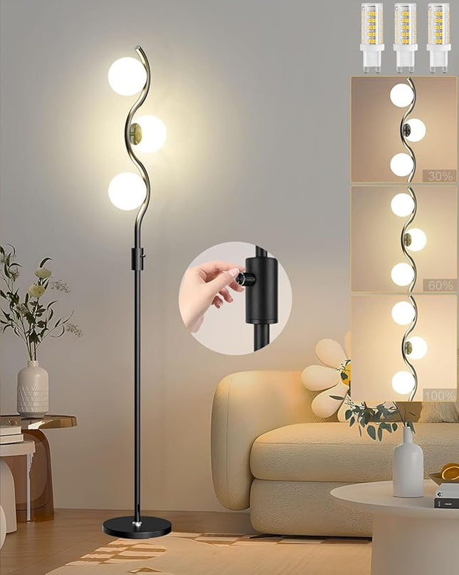 60IN Dimmable (Brightness Adjustable) Black Floor Lamp, Modern Standing Lamps with 3 Globe Soft Warm White 3000K Bulbs, Mid Century Floor Lamp for Living Room Bedroom Home Decor - LeafyLoom