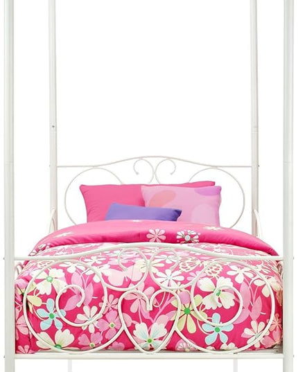 DHP Metal Canopy Kids Platform Bed with Four Poster Design, Scrollwork Headboard and Footboard, Underbed Storage Space, No Box Sring Needed, Twin, White - LeafyLoom