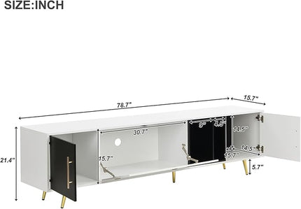 Merax Stylish TV Stand with Golden Metal Handles&Legs and Removable Compartment, Two-tone Media Console for Television Up to 80", Fluted Glass Door Storage Cabinet for Living Room, 78.7" Length, White - LeafyLoom
