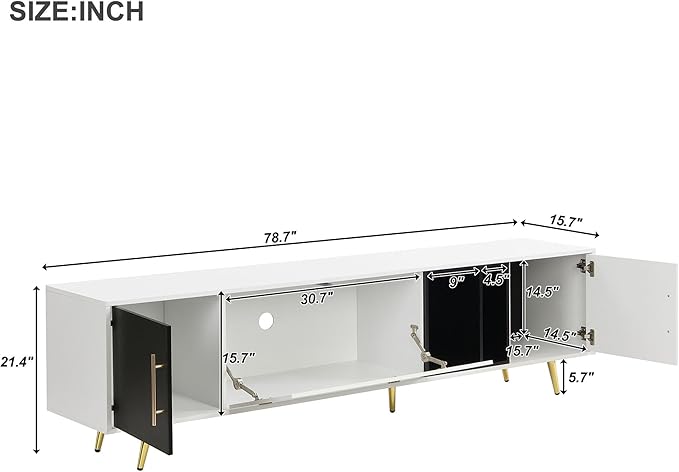 Merax Stylish TV Stand with Golden Metal Handles&Legs and Removable Compartment, Two-tone Media Console for Television Up to 80", Fluted Glass Door Storage Cabinet for Living Room, 78.7" Length, White - LeafyLoom