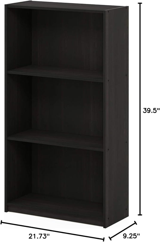 FURINNO Basic 3-Tier Bookcase/Bookshelf/Storage Shelves, Dark Espresso 9.25D x 21.73W x 39.5H in - LeafyLoom