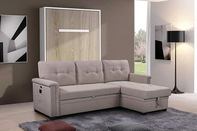 LOVMOR 84'' L-Shape Convertible Sleeper Sectional Sofa with Storage Chaise and Pull-Out Bed, Linen Upholstered Reversible Corner Couch w/USB Charger Ports and Pocket, Light Gray, 84 Inch - LeafyLoom