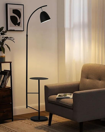 O'NEELDY Modern Black Arc Floor Lamp with Table Attached 71" Height Marble Arched Floor Lamp Curved Tall Shelf Standing Lamp for Living Room, Office, 360° Rotatable Shade, E26 Bulb Included - LeafyLoom