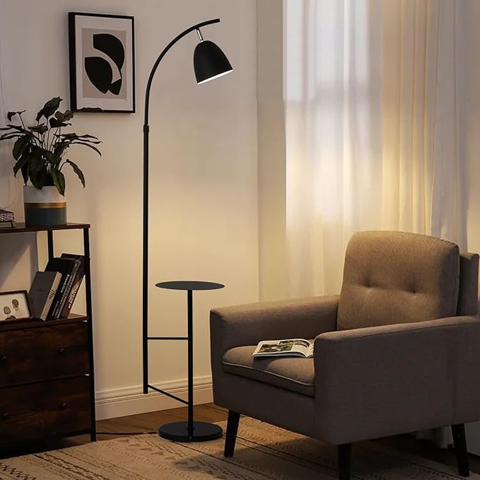 O'NEELDY Modern Black Arc Floor Lamp with Table Attached 71" Height Marble Arched Floor Lamp Curved Tall Shelf Standing Lamp for Living Room, Office, 360° Rotatable Shade, E26 Bulb Included - LeafyLoom