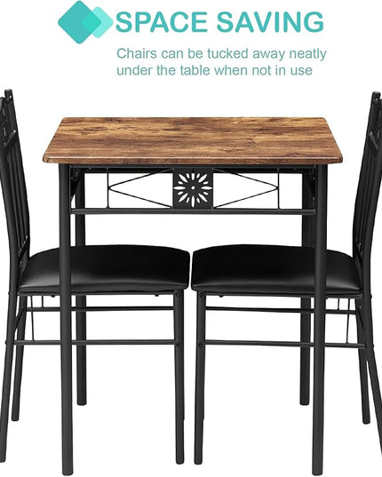 VECELO 3-Piece Dining Room Wooden Kitchen Table and Pu Cushion Chair Sets for Small Space, Retro Brown - LeafyLoom