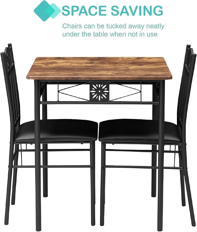 VECELO 3-Piece Dining Room Wooden Kitchen Table and Pu Cushion Chair Sets for Small Space, Retro Brown - LeafyLoom
