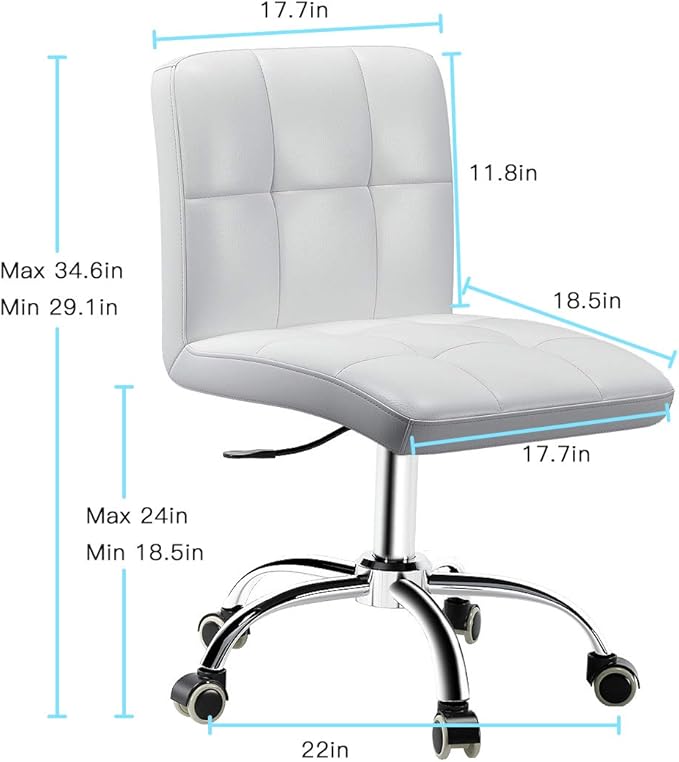 360° Office Desk Chair,PU Adjustable Rolling Task Chair with Backrest for Barber,Office,Home, Computer,360° Swivel,Armless (white) - LeafyLoom