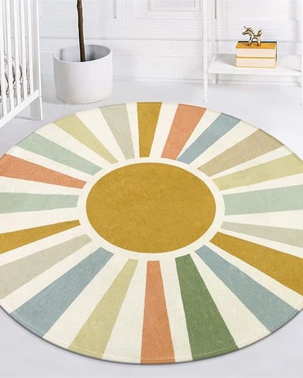 Boho Washable Rug 5 Ft Round Area Rug for Bedroom, Rainbow Circle Kids Rug for Office, Non-Slip Circluar Carpet Soft Sunshine Rug for Dorm Nursery Sofa Living Room Corner - LeafyLoom