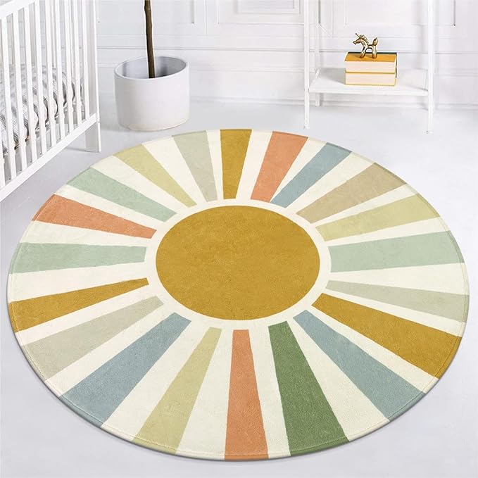 Boho Washable Rug 5 Ft Round Area Rug for Bedroom, Rainbow Circle Kids Rug for Office, Non-Slip Circluar Carpet Soft Sunshine Rug for Dorm Nursery Sofa Living Room Corner - LeafyLoom
