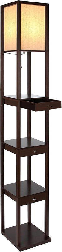 Brightech Maxwell Drawer Edition - Modern Shelf Floor Lamp with Drawer - Corner Display Floor Lamps with Shelves for Living Room, Bedroom and Office - Havana Brown - LeafyLoom