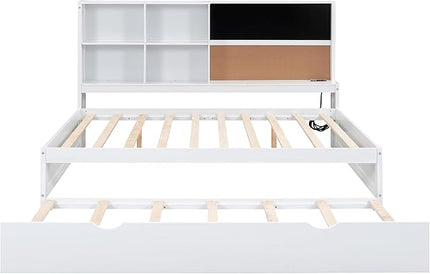 Wooden Full Size Daybed with Twin Trundle, USB Ports, Storage Shelves, Blackboard, Cork board, White - LeafyLoom
