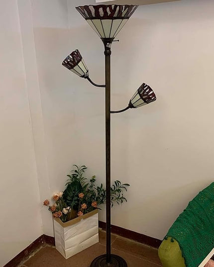Bieye L10838 Fire Flame Tiffany Style Stained Glass Torchiere Floor Lamp with Sidelights for Reading, 70-inches Tall (Flame, Red) - LeafyLoom