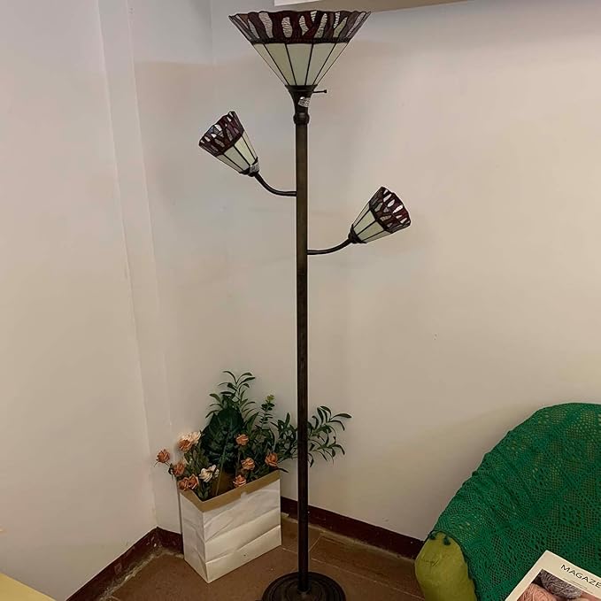 Bieye L10838 Fire Flame Tiffany Style Stained Glass Torchiere Floor Lamp with Sidelights for Reading, 70-inches Tall (Flame, Red) - LeafyLoom