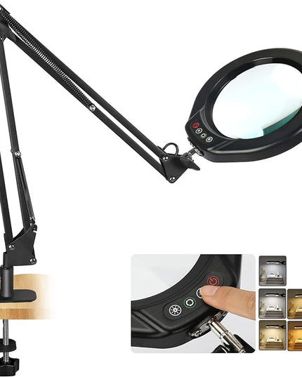 VEEMAGNI 5 Inch Large Magnifying Glass with Light and Stand, 5 Color Modes Stepless Dimmable, Long Swivel Arm LED Clamp Desk Lamp, Hands Free 10X Lighted Magnifier for Close Work Craft Hobby Soldering - LeafyLoom