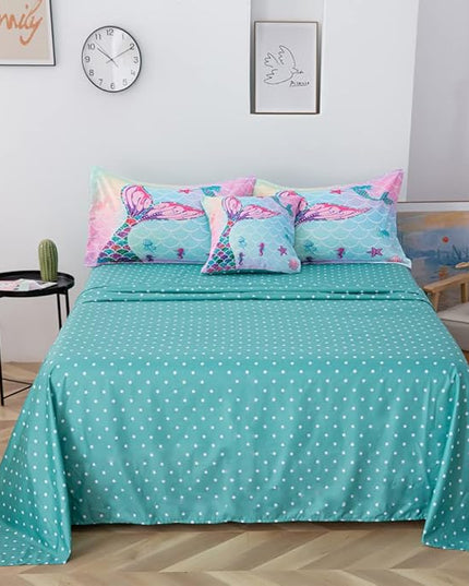 ADASMILE A & S 6 Pieces Mermaid Comforter Twin for Girls Kids Mermaid Bedding Fish Scale with Starfish Turtle Printed Bed in a Bag Comforter and Sheet Set Rainbow Mermaid Scale Bedding Home Decor - LeafyLoom