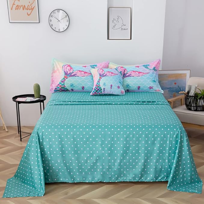 ADASMILE A & S 6 Pieces Mermaid Comforter Twin for Girls Kids Mermaid Bedding Fish Scale with Starfish Turtle Printed Bed in a Bag Comforter and Sheet Set Rainbow Mermaid Scale Bedding Home Decor - LeafyLoom