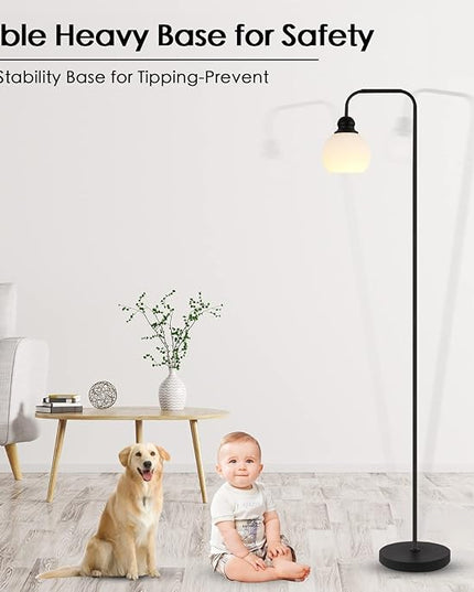 Modern Floor Lamp for Living Room, Black, with 3 Color Temperatures LED Bulb, Industrial Design, 63.2 in H, White Glass Shade, E26 9W A19 LED Bulb Included - LeafyLoom