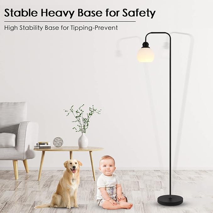 Modern Floor Lamp for Living Room, Black, with 3 Color Temperatures LED Bulb, Industrial Design, 63.2 in H, White Glass Shade, E26 9W A19 LED Bulb Included - LeafyLoom