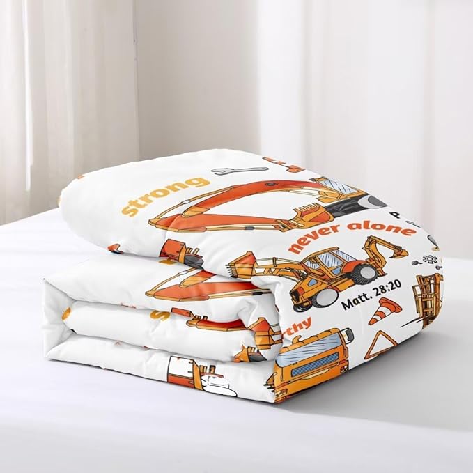 Kids Construction Vehicles Truck Comforter for Boys Twin,Cartoon Car Excavator Tractor Bedding Set,Construction Christian Spirational Quotes Comforter with 2 Pillowcases White - LeafyLoom