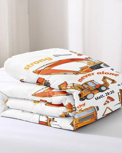 Kids Construction Vehicles Truck Comforter for Boys Full,Cartoon Car Excavator Tractor Bedding Set,Construction Christian Spirational Quotes Comforter with 2 Pillowcases White - LeafyLoom