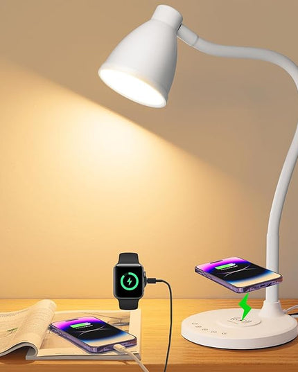 BOHON Desk Lamp for Home Office, LED Desk Light with USB C+A Charging Ports, Wireless Charger, 5 Colors Stepless Dimming Reading Light Timer, Touch Bedside Table Lamp for College Dorm Room White - LeafyLoom