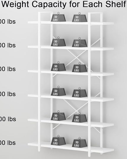 HSH 6 Tier Tall White Bookshelf, Industrial Modern Vertical Metal and Wood White Bookcases 6 Shelf,Farmhouse Open Large Storage Book Shelves & Display Book Shelf for Bedroom Living Room Office - LeafyLoom