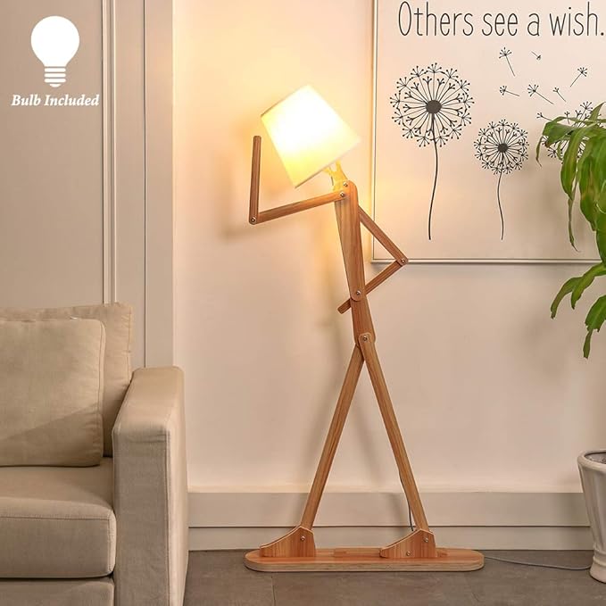 Cool Tall Floor Lamp for Living Room Bedroom Farmhouse - Corner Decorative Reading Standing Light Wood Creative Swing Arm Arc Design Gift for Kids/Boys/Girls Bedside - with LED Bulb (Ash) - LeafyLoom