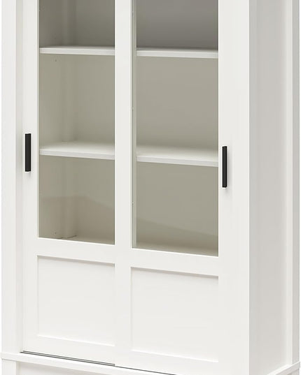 Ameriwood Home Chapel Hill Rustic Farmhouse Bookcase Cabinet with Sliding Glass Doors, White with Brown Oak Top - LeafyLoom