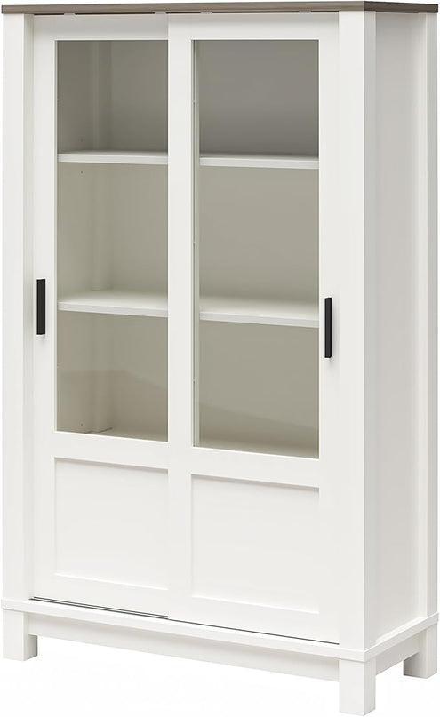 Ameriwood Home Chapel Hill Rustic Farmhouse Bookcase Cabinet with Sliding Glass Doors, White with Brown Oak Top - LeafyLoom