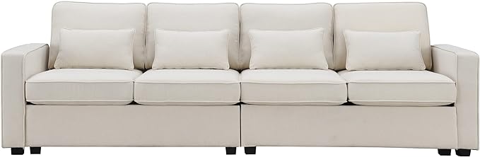 Sectional Living Room,Minimalist I Shape Couch,Compact Linen Fabric Modular Upholstered Sofa with Armrest Pocket and Removable Cushions,4 Pillow, 104" (4 Seater), Beige - LeafyLoom