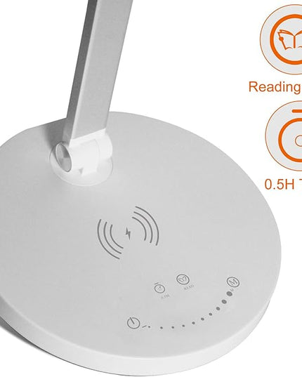 LED Desk Lamp Wireless Charger, Aluminum Dimmable Eye-Caring Table Lamp with 5 Lighting Models with 5 Brightness Levels, Touch Control and Memory Function, USB Charging Port, 8W, White…… - LeafyLoom