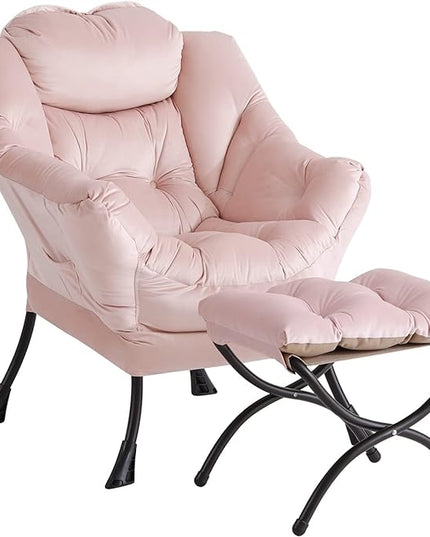 LITA Lazy Chair with Ottoman, Modern Accent Leisure Upholstered Sofa Chair, Contemporary Lounge Reading Chair with Armrests and a Side Pocket for Living Room, Bedroom & Small Space, Pink - LeafyLoom