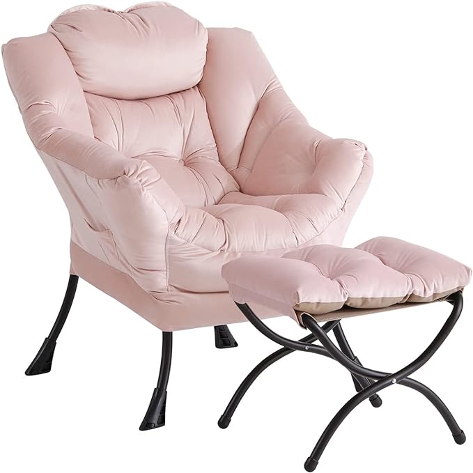 LITA Lazy Chair with Ottoman, Modern Accent Leisure Upholstered Sofa Chair, Contemporary Lounge Reading Chair with Armrests and a Side Pocket for Living Room, Bedroom & Small Space, Pink - LeafyLoom