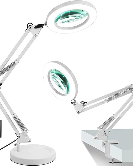 Magnifying Glass with Light and Stand, 10X Magnifying Lamp,Qsky 2-in-1 Desk Lamp with Clamp,3 Color Modes & Stepless Dimmable, LED Lighted Magnifier for Reading, Crafts, Repair, Close Work (White) - LeafyLoom